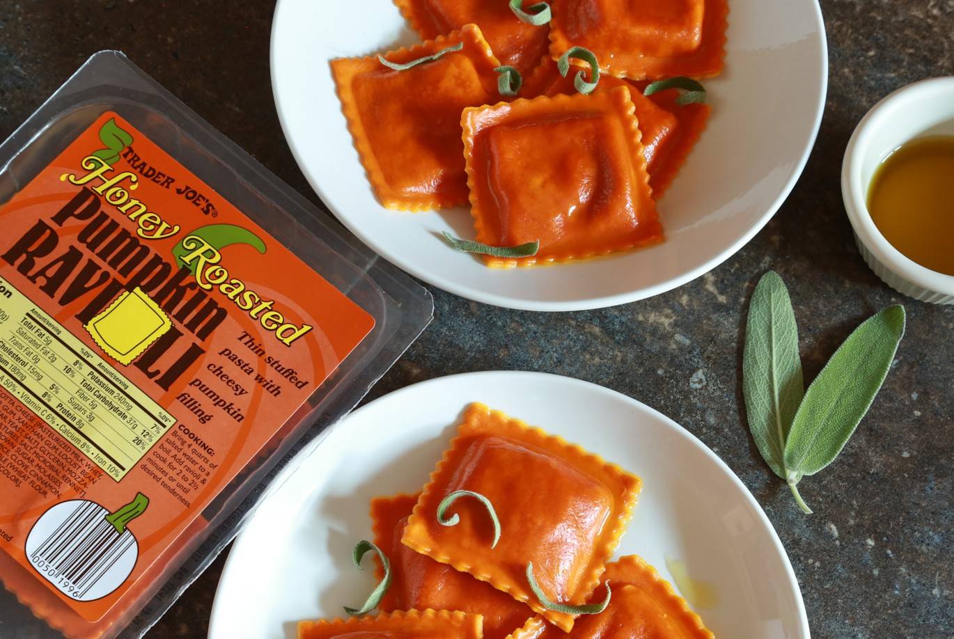 Honey Roasted Pumpkin Ravioli prepared in pasta bowls with curls of fresh sage on top