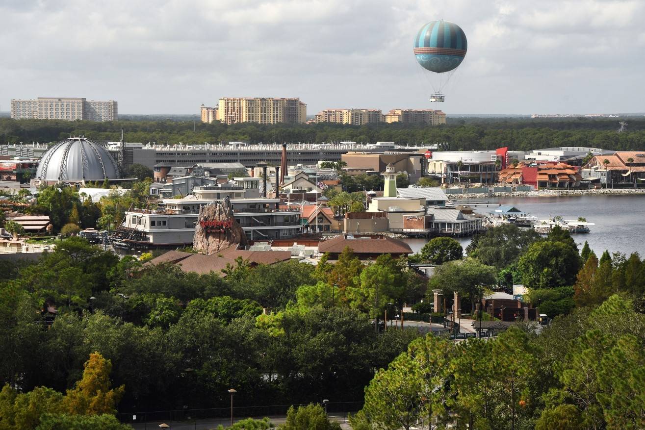 View of Disney Springs from hotel rooms at Wyndham Lake Buena Vista